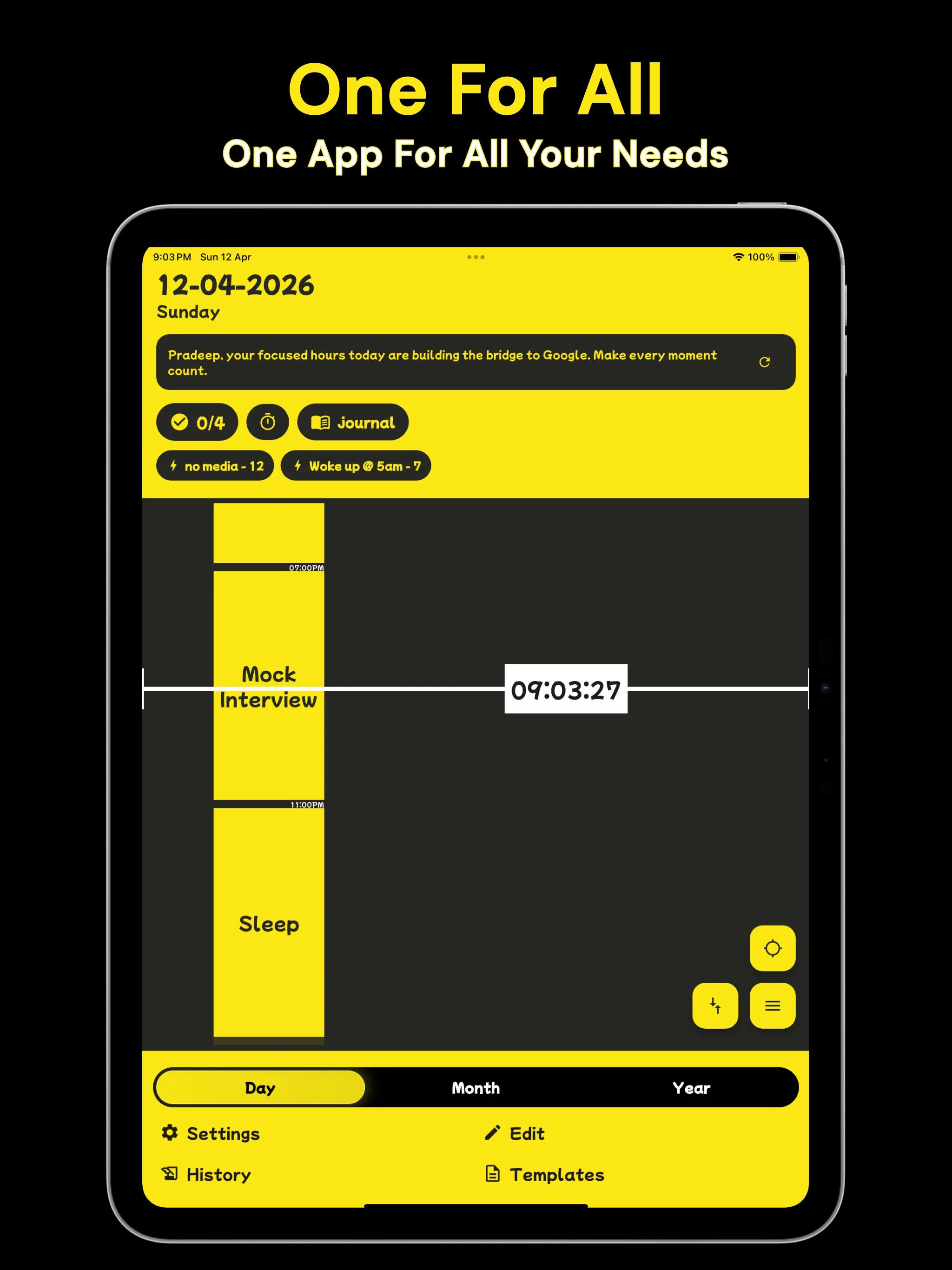 Pack Your Day home screen showing journal, habit streaks, tasks, subtasks, and planning shortcuts.