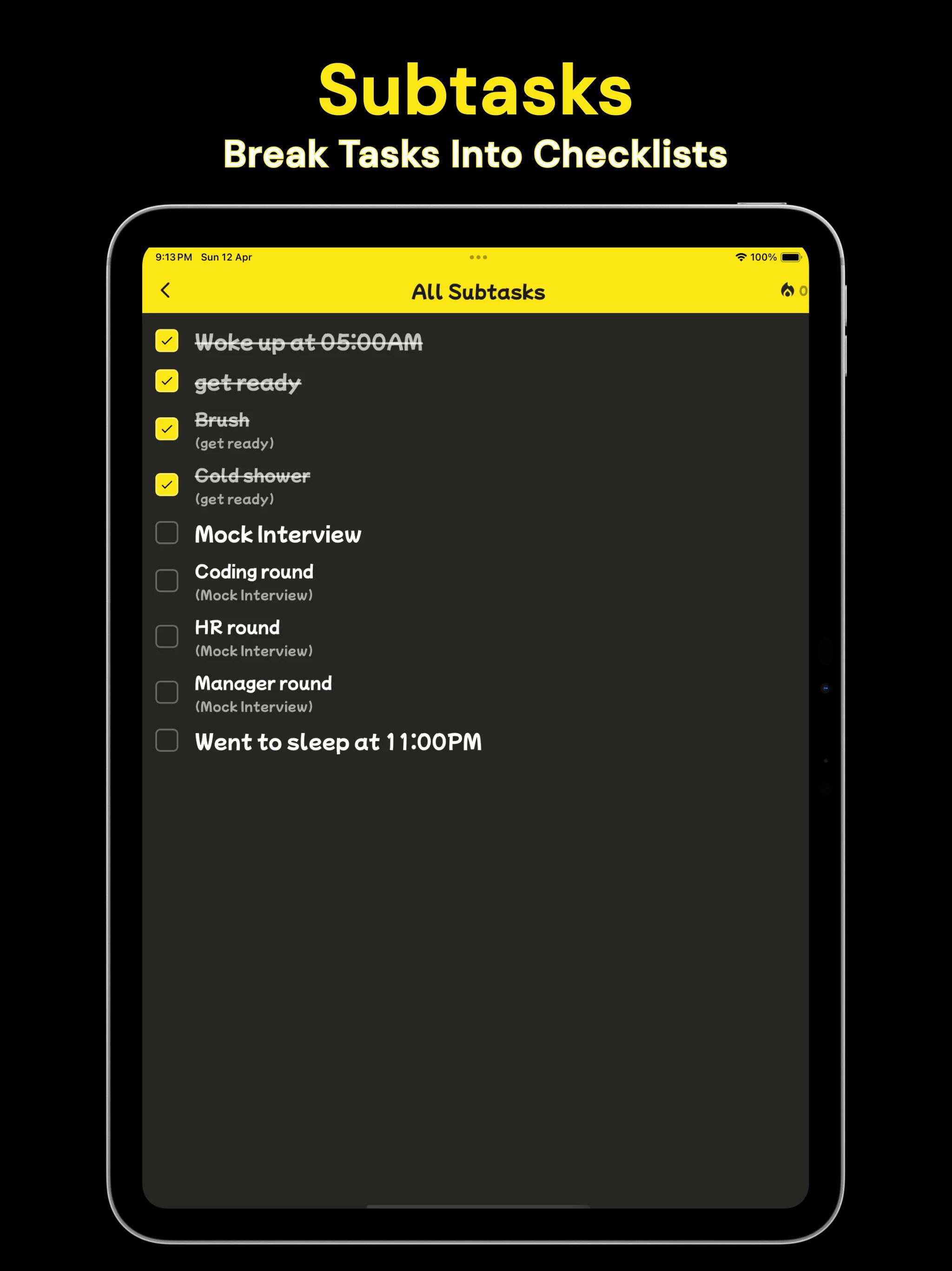 Pack Your Day all subtasks page showing subtasks gathered into one checklist view.