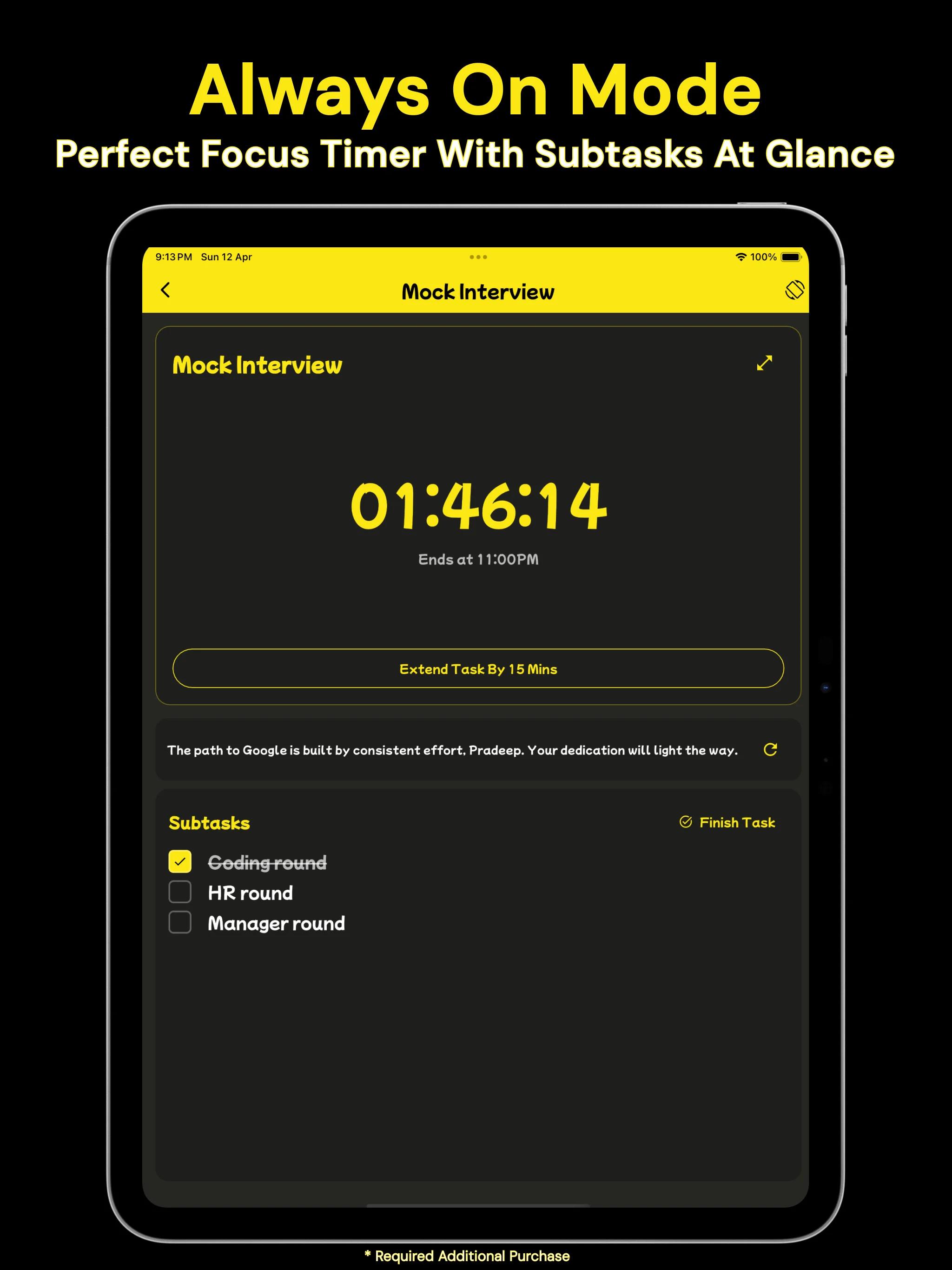Pack Your Day full screen always on focus timer with subtasks visible at a glance.