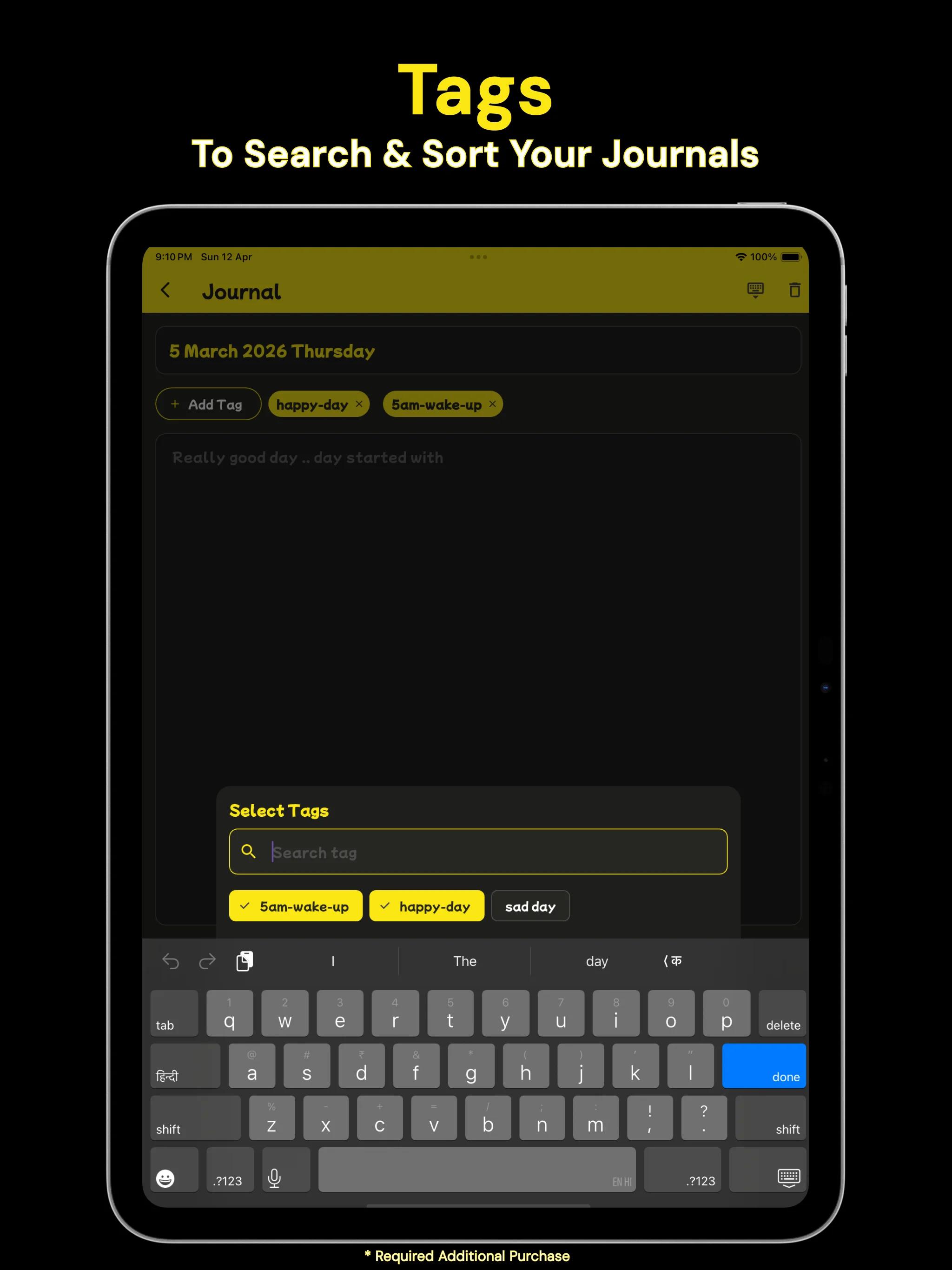 Pack Your Day journal tag search and sorting screen.