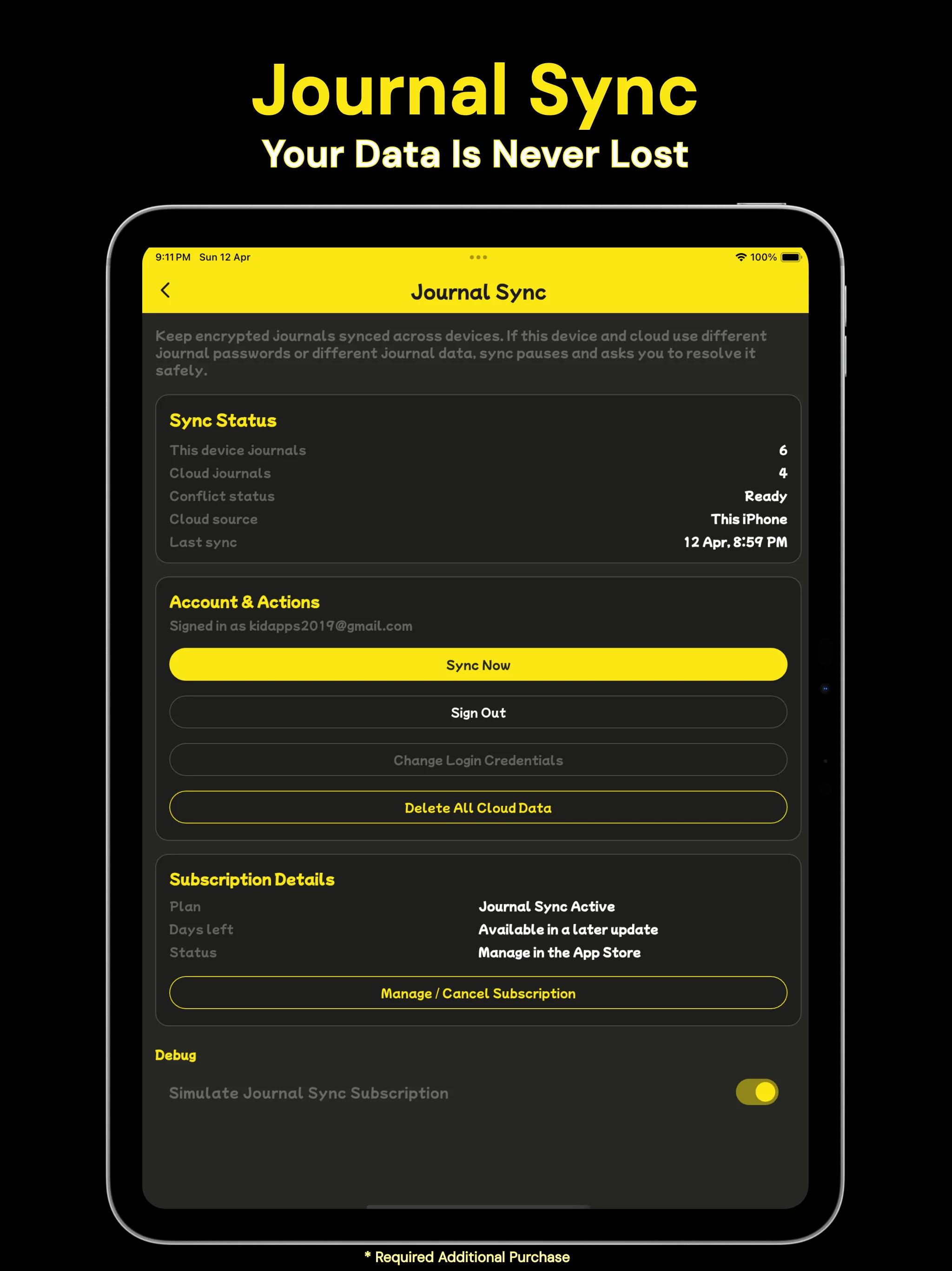 Pack Your Day Journal Sync screen showing cloud sync for encrypted journals.